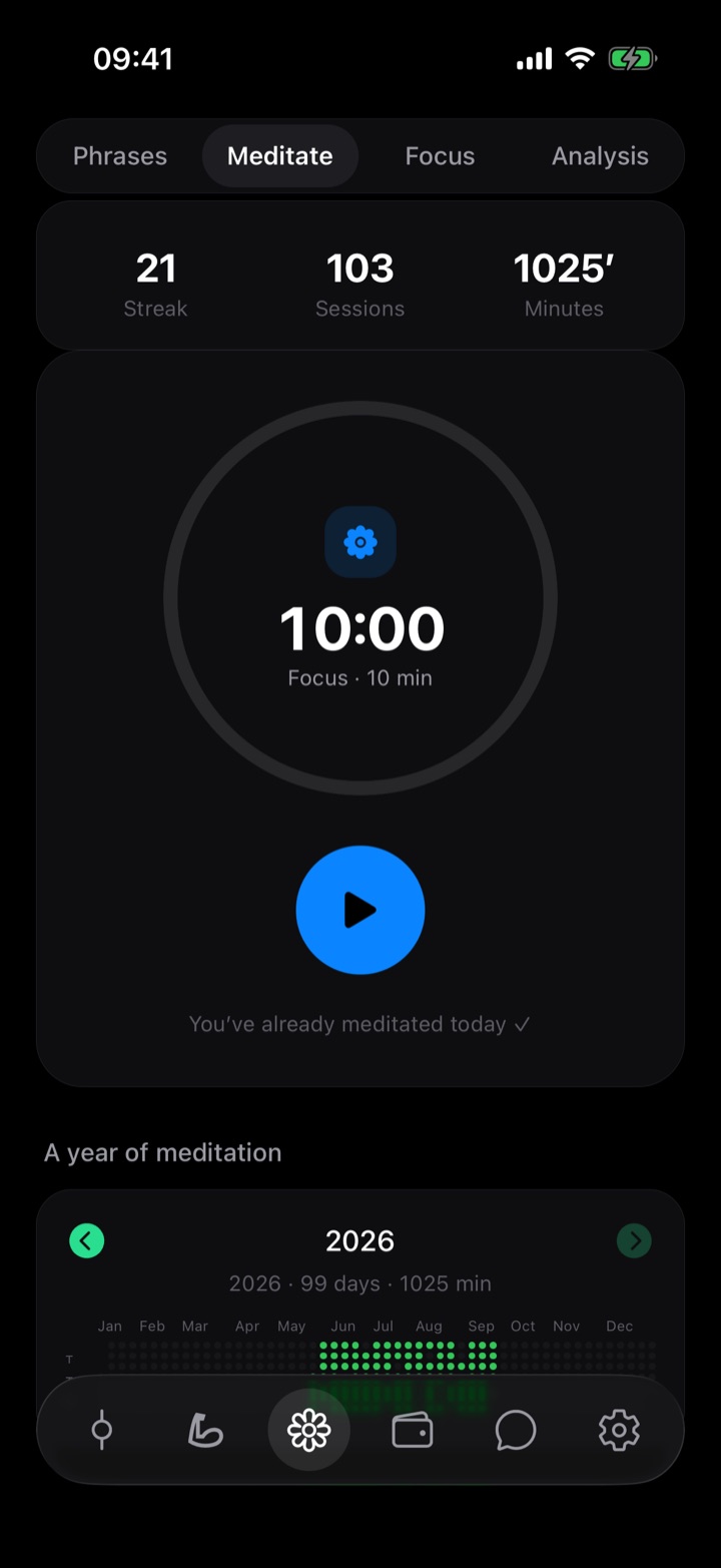 Meditation screen with timer and consistency heatmap