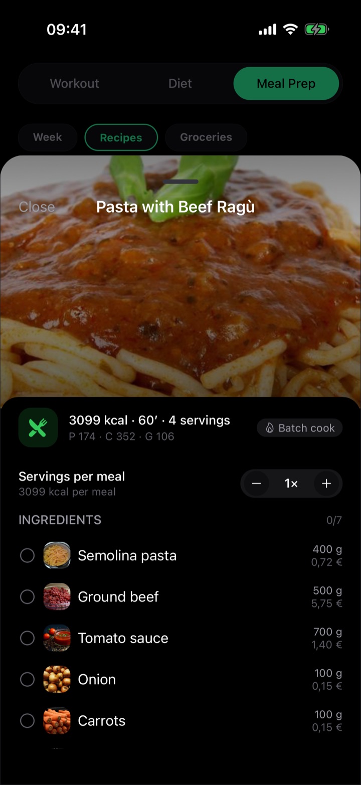Recipe detail with ingredients, prices and macros