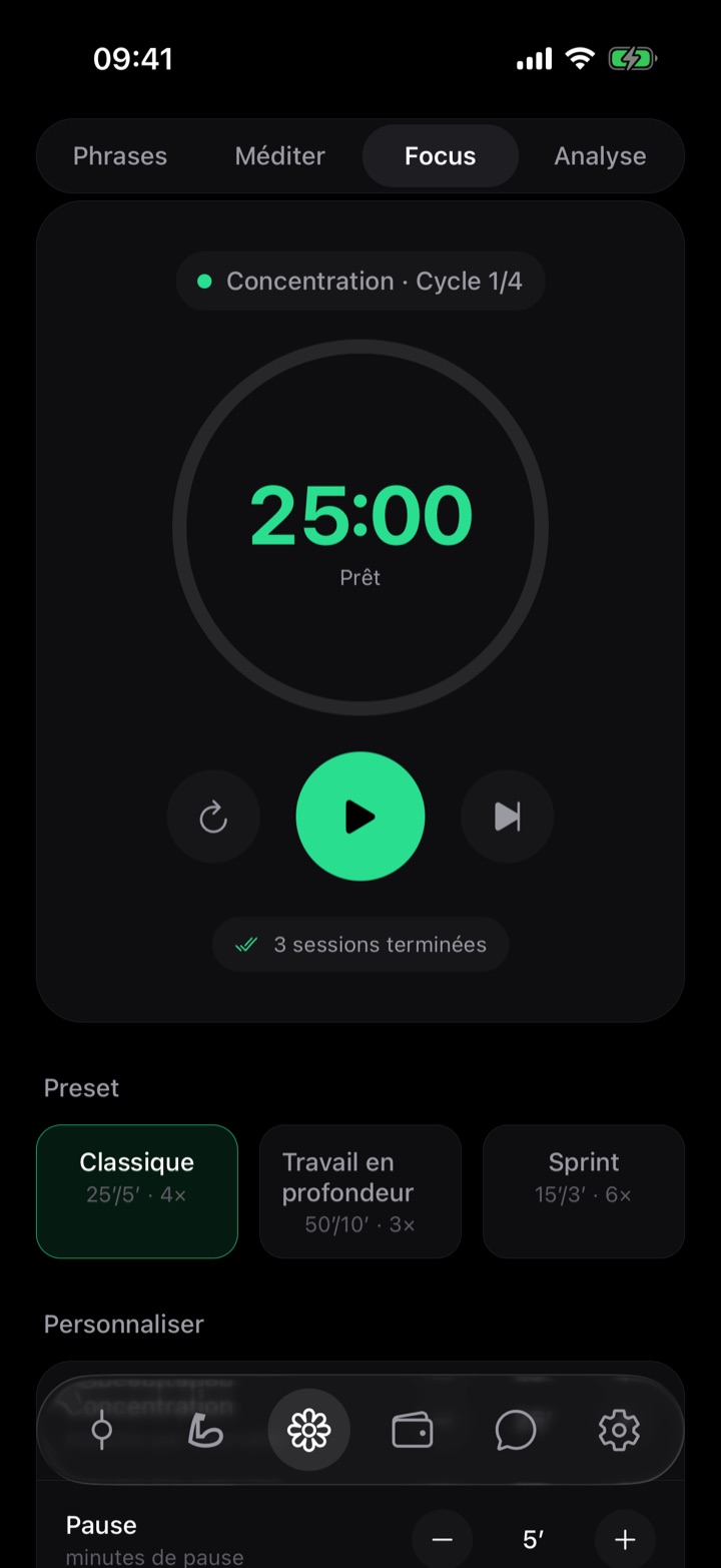 Minuteur Pomodoro de Gosifi pendant une session de focus