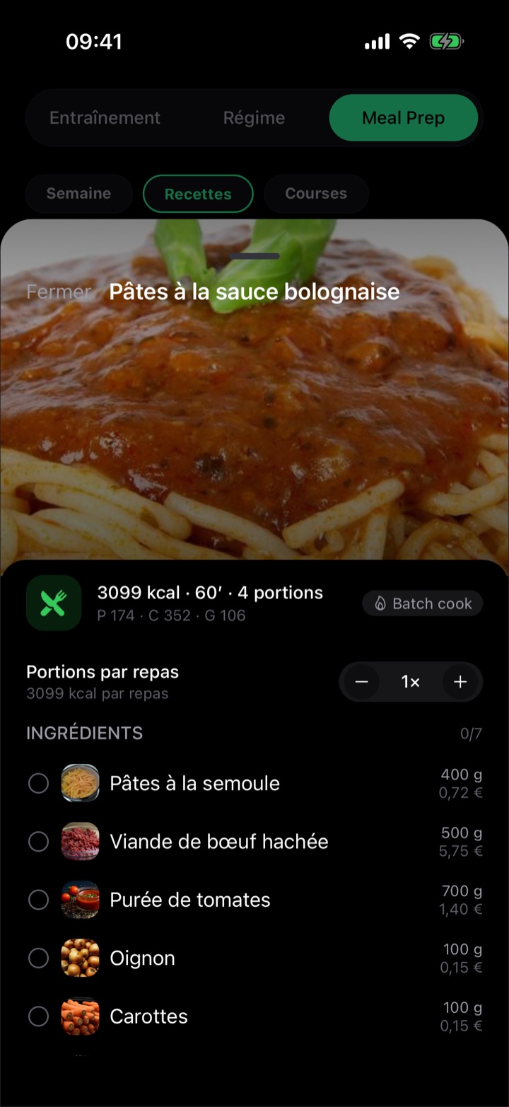 Détail d'une recette avec ingrédients, prix et macros