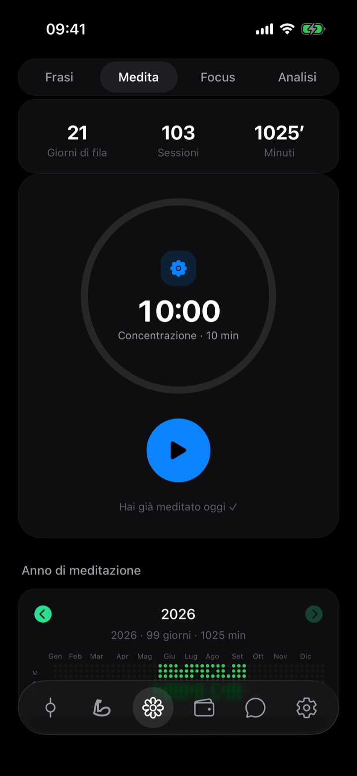Schermata meditazione con timer e heatmap della costanza
