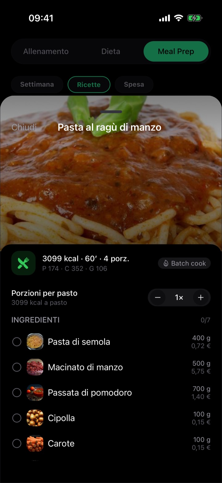 Dettaglio ricetta con ingredienti, prezzi e macro