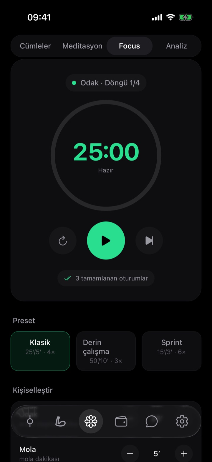 Odak seansı sırasında Gosifi Pomodoro zamanlayıcısı